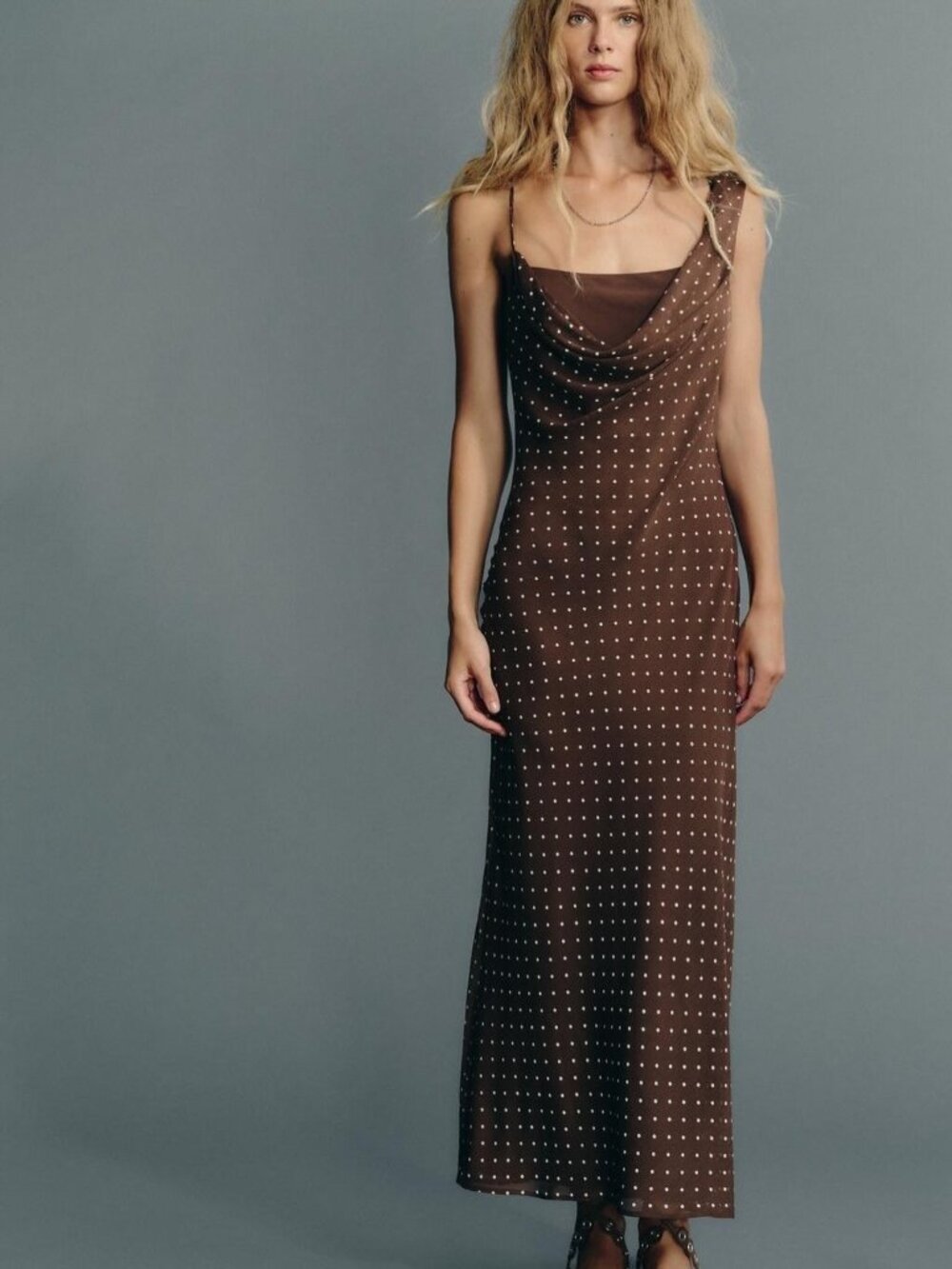Zara Womens Dress Medium Brown Draped Neck Polka Dot Chiffon Lined 3152/274 NWT